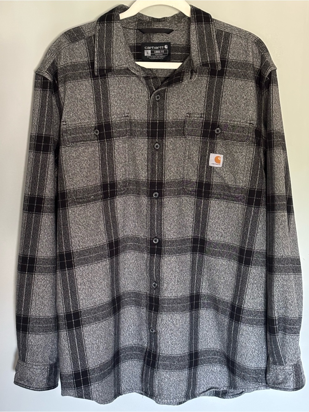 Carhartt Flannel Shirt Mens L Plaid Gray/Black Loose Fit Heavyweight Workwear